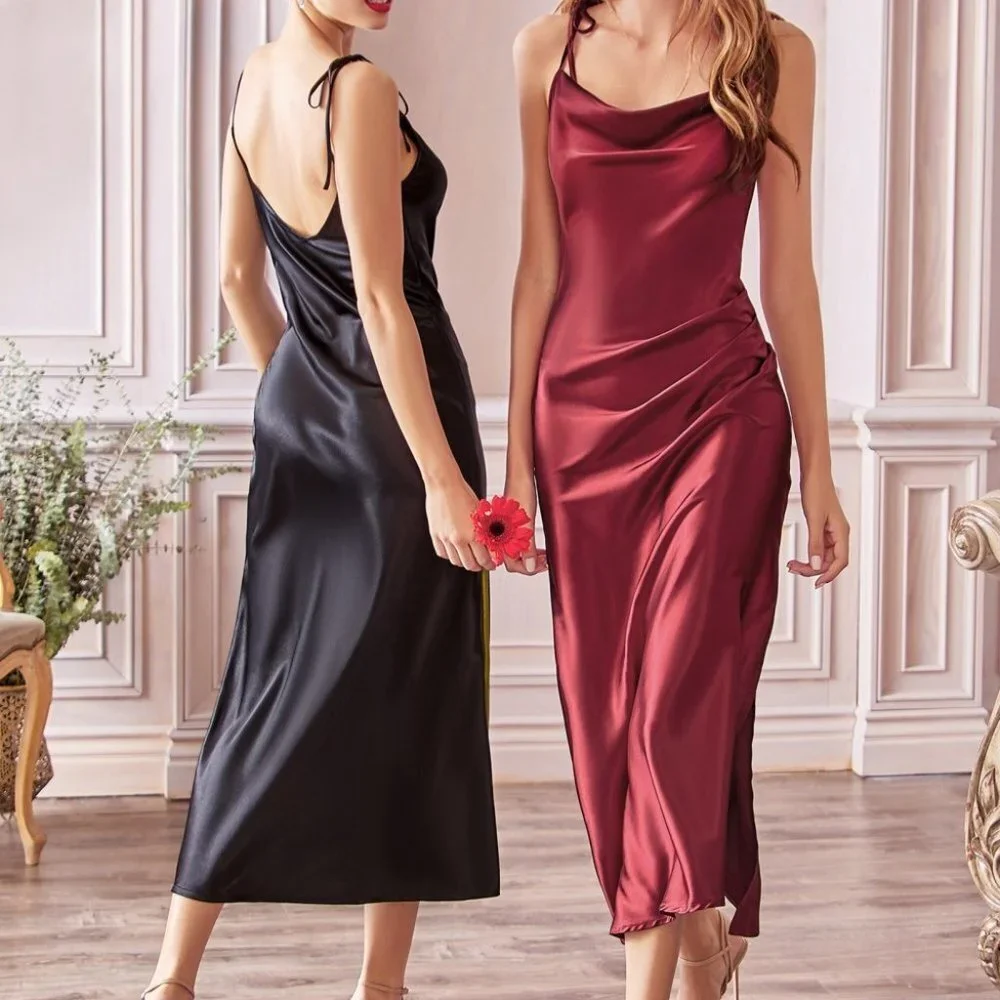 NEW SAND LONG SATIN OFF THE SHOULDER SLEEVELESS DRESS WITH THIN STRAPS BD103 - Picture 6 of 7